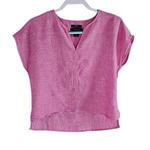 Tahari Woman Size Small 100% Linen Blouse Cap Sleeves V Neck High Low Side Slit